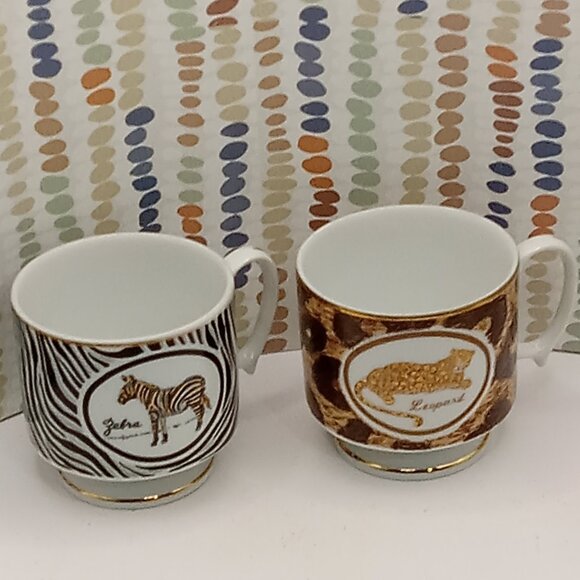 Other - Jungle Theme 80s Leopard Zebra Ceramic Coffee Pedestal Cups 8oz Barware 2 pc